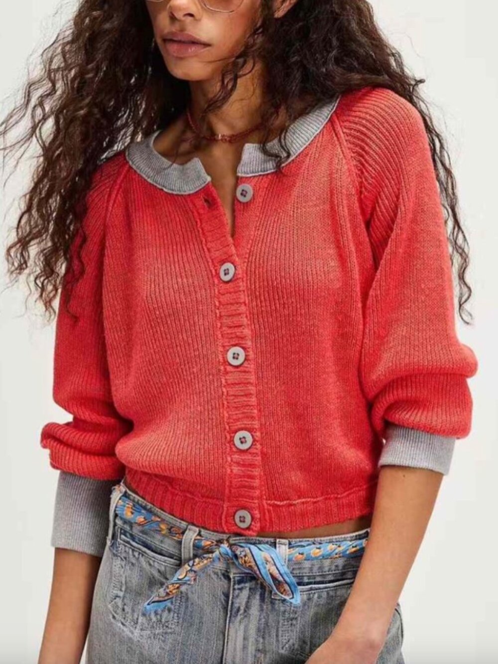 We The Free Lili Linen Knit Cardi in Red & Gray